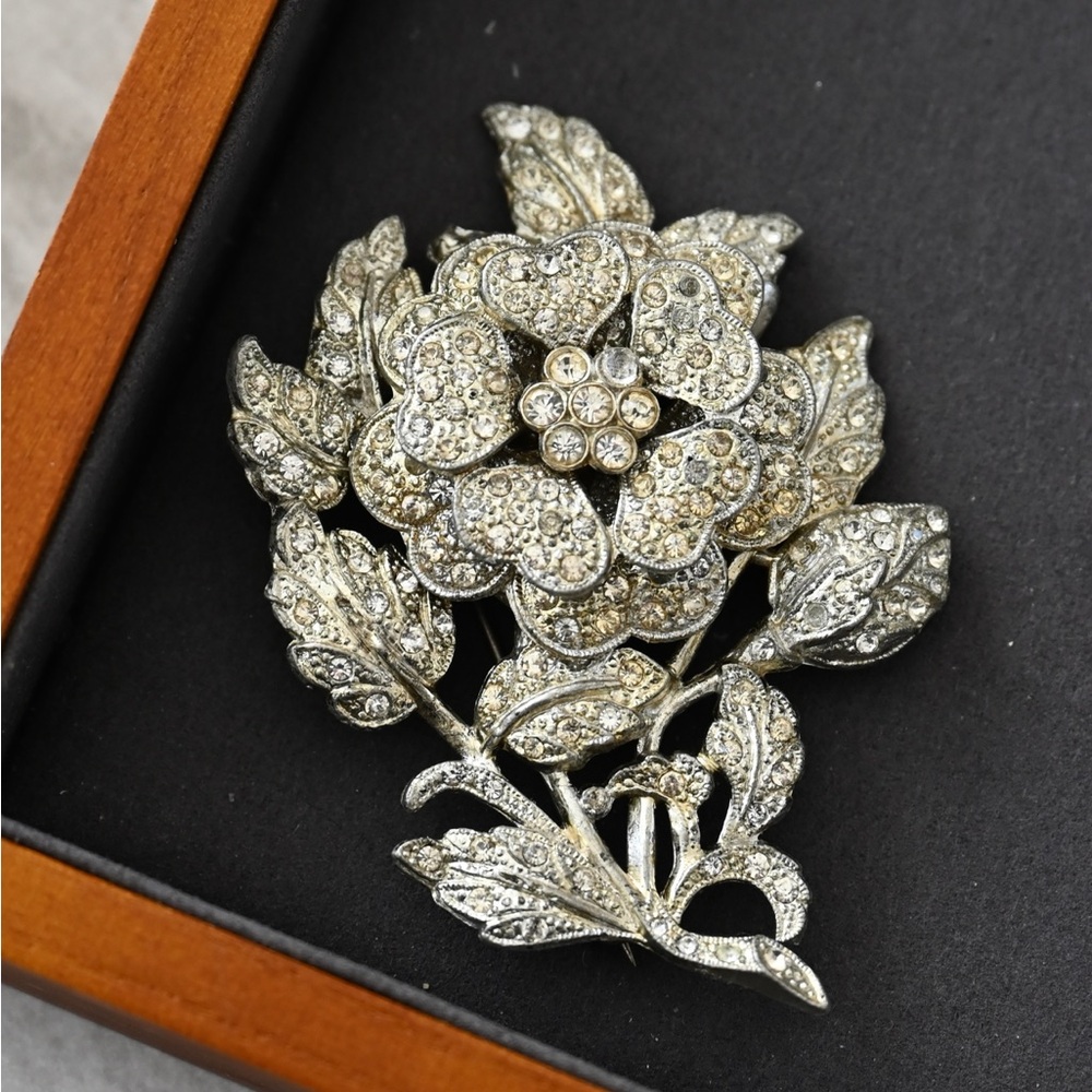 Vintage Unsigned Rhinestone-Pavé Mechanic Flower Brooch